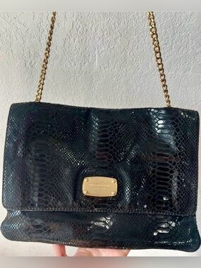 MichaelKors Black Patent Python Embossed Leather Fold Over Chain Shoulder Clutch